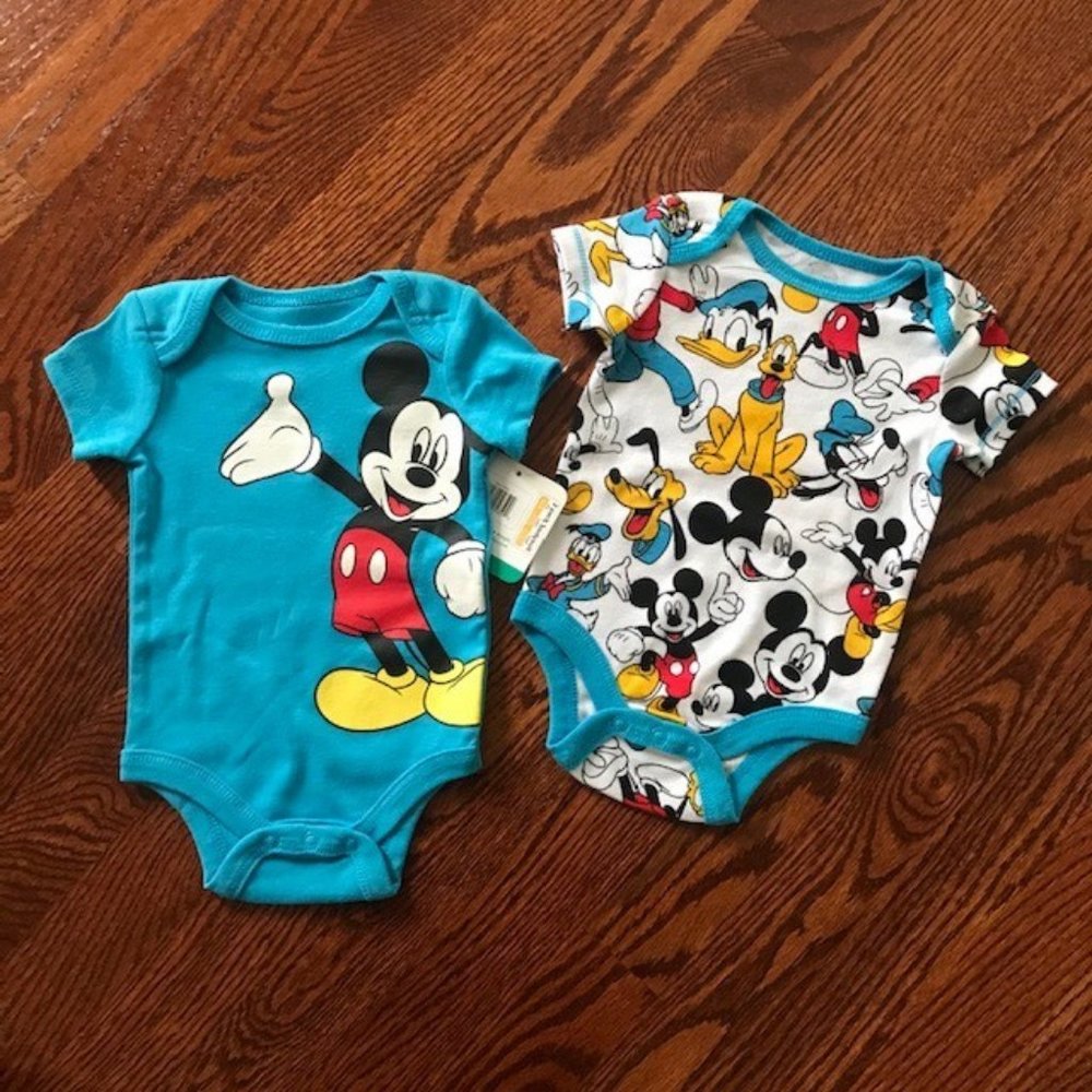BABY DISNEY 2 PACK BODYSUIT BLUE MICKEY MOUSE DISNEY PRINT 0-3M NWT NEW